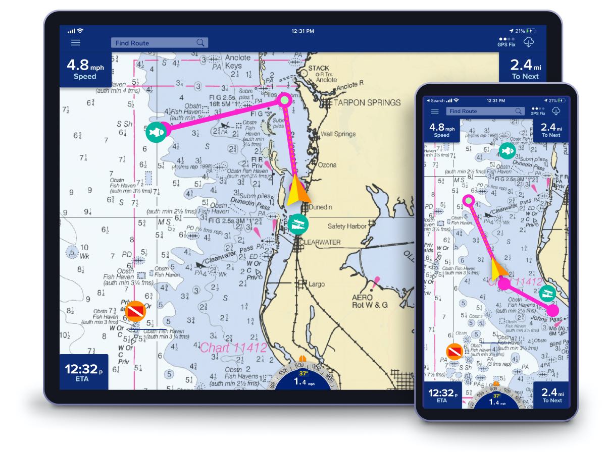 PRO CHARTS™ marine navigation app on phone and tablet