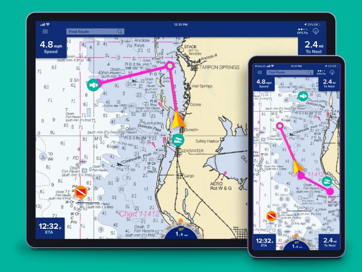 Marine navigation and chart app on tablet and phone